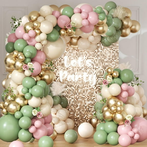 Sage Green Pink Balloon Garland Arch Kit 143pcs White Sand Chrome Gold and Pastel Balloons Garland for Girls Baby in Bloom Baby Shower Mothers Day Jungle Safari Birthday Party Decorations