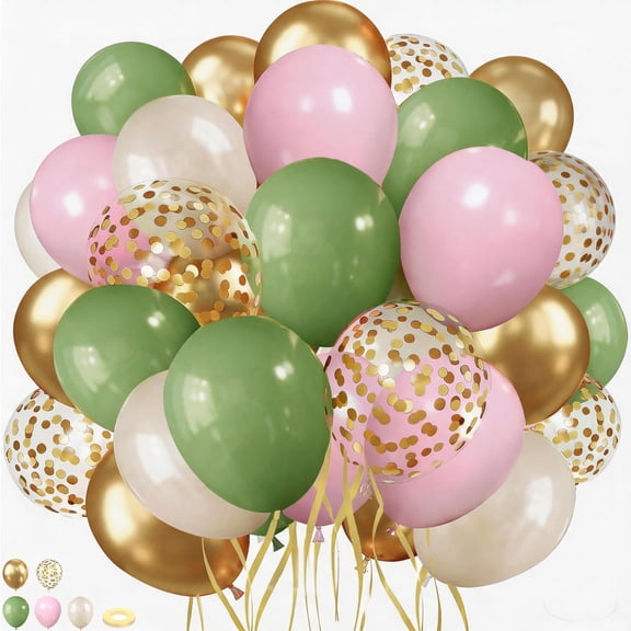Sage Green Pink Balloons, 50pcs 12inch Olive Green Pastel Pink Sand White Metallic Gold Balloons with White Ribbon for Wedding Bridal Shower Birthday Party Decorations