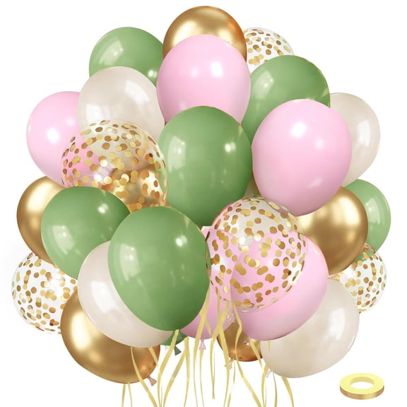 Sage Green Pink Balloons, 50pcs Olive Green Pastel Pink Sand White Metallic Gold Balloons Gold Confetti Balloons with White Ribbon for Wedding Bridal Shower Birthday Party Safari Decorations