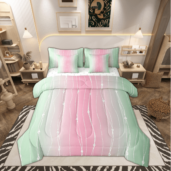 Sage Green and Pink Bed in a Bag 7pcs Women Abstract Aesthetic Bedding Set, Dot and Wave Line King Size Comforter Set Gradient Ombre Bedding Comforter Sets Watercolor Geometric Bed Set