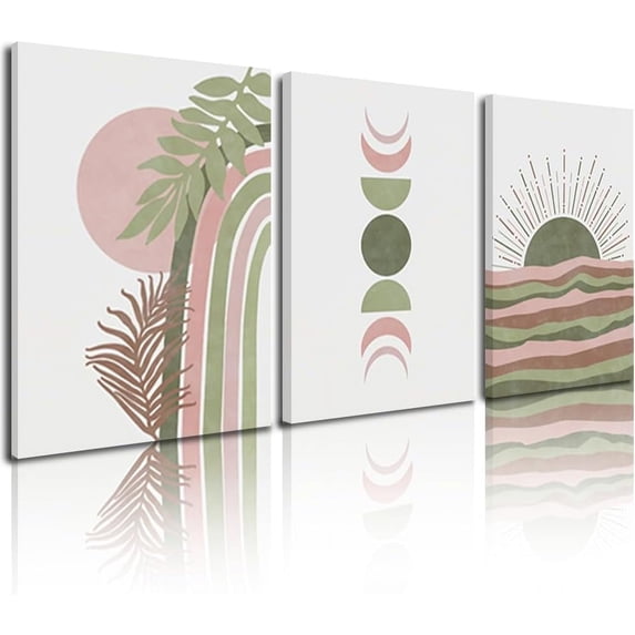 Sage Green & Pink Boho Wall Art Set of 3, Modern Mid Century Minimalist Wall Art - Geometric Line Leaf Sun Moon Wall Decor - Sun Phase Artwork Pictures - 12"X16"