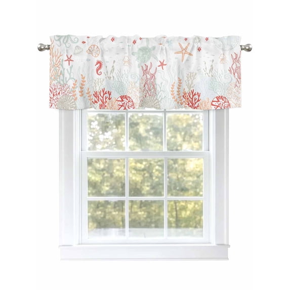 Sage Green Pink Turtle Shell Valances for Windows, Rod Pocket Kitchen Valance Curtains - Soft Small Window Treatment for Living Room, Bathroom, Coral Conch Seaweed Starfish 54x18inch, 1 Panel