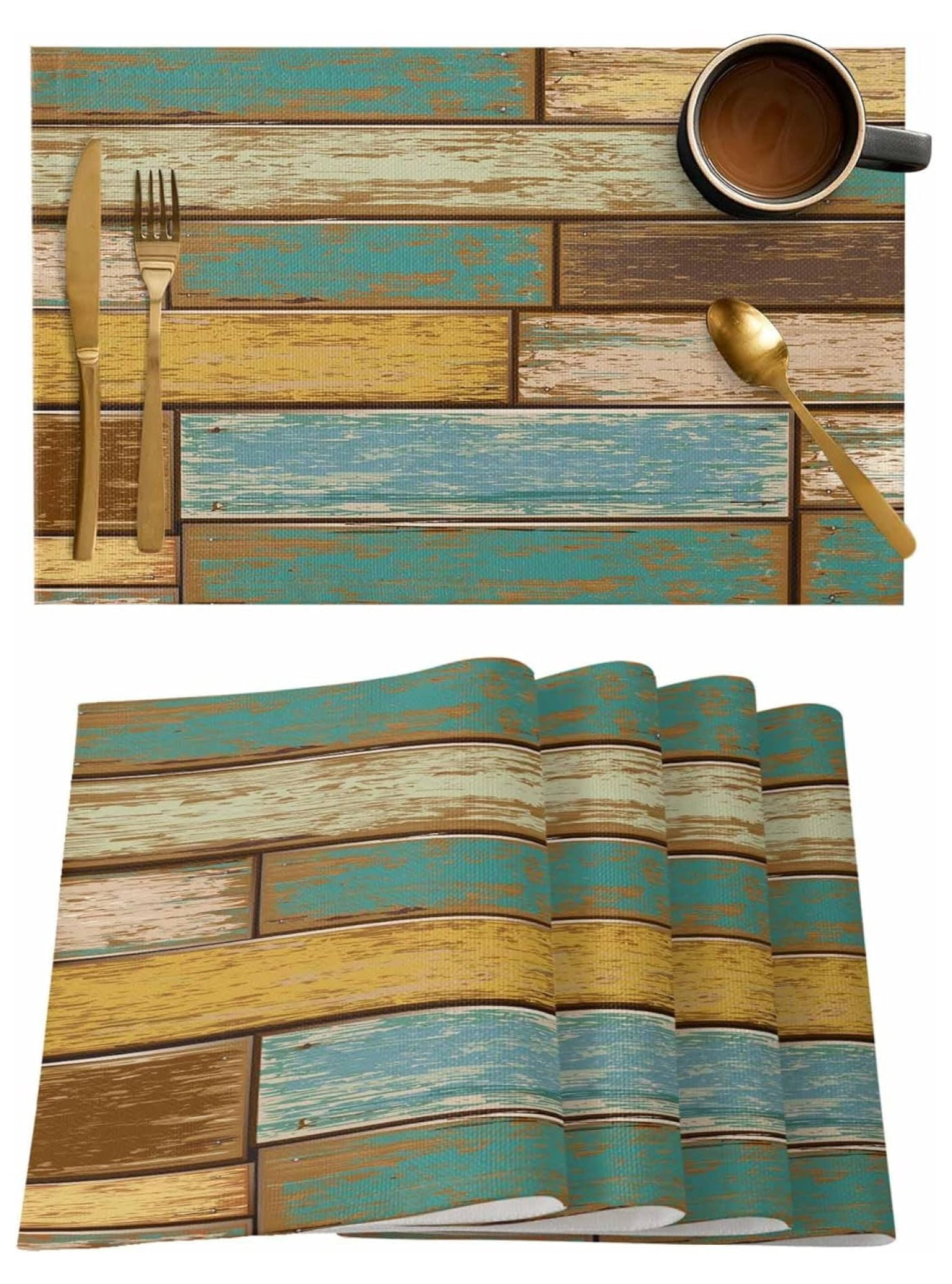 Sage Green Placemats Set of 4, Rustic Wood Grain Country Washable
