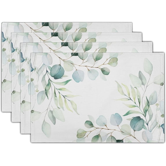 Sage Green Placemats Set of 4 Washable Non-Slip Heat Resistant 12×18 Inch Spring Watercolor Eucalyptus Leaves Thick Place Mats Decorative Linen Fabric Table Mat for Dining Table Kitchen Home Decor