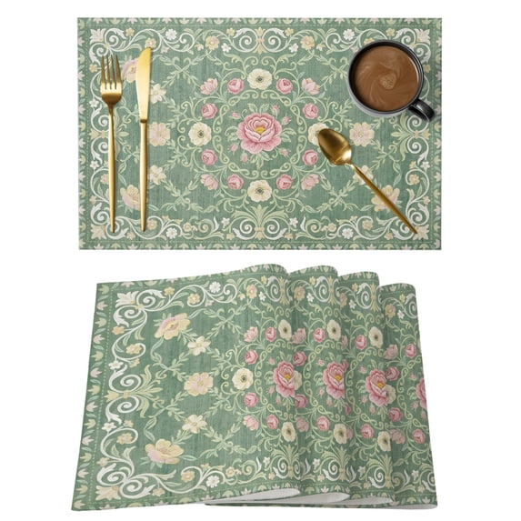 Sage Green Placemats Set of 8 Bohemia Ethnic Floral Flowers Abstract Place Mats Indoor Wipeable Table Mats Washable Cloth Dining Table Placemats for Kitchen Holiday Party Home Decor 13x19 Inch