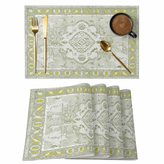 Sage Green Placemats Set of 8, Boho Retro Decorative Abstract Floral Ethnic Placemats for Dining Table, Place Mats for Kitchen Tabletop, Waterproof Wipeable Dining Table Mats Set