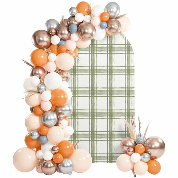 Sage Green Plaid Arch Backdrop Cover 6Ft, Wedding Arch Covers Stretchy Backdrop, Gingham Check Minimalist Grid Farmhouse Fitted 2 Sided Arched Photo Background for Birthday Party Decorations