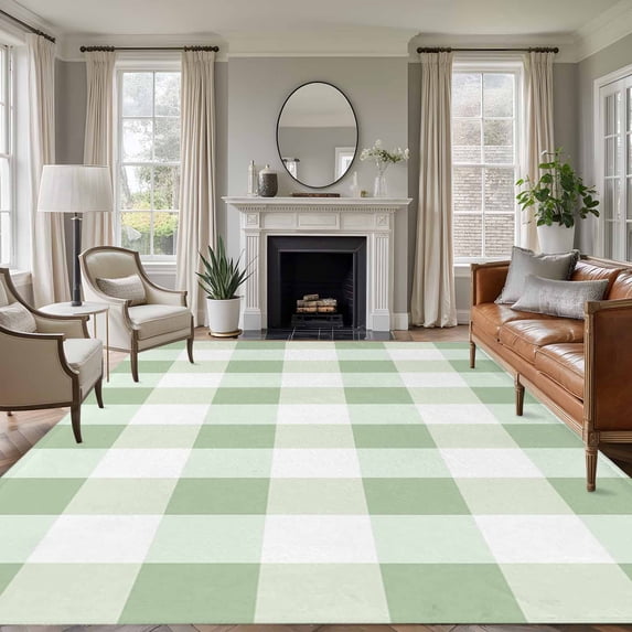 Sage Green Plaid Area Rug 6x9 FT, Non Slip Living Room Throw Carpet, Spring Farmhouse Buffalo Checkered Washable Soft Large Floor Carpet Non-Shedding Rug for Bedroom Dining Room Play Room