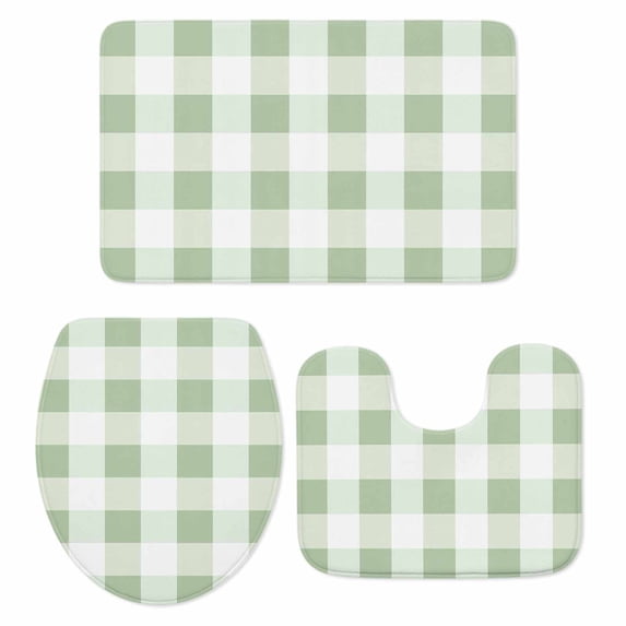 Sage Green Plaid Bath Mat 3 Piece Bathroom Rug Set, Spring Farmhouse Buffalo Checkered Non Slip Bath Rug Contour Mat and Toilet Lid Cover, Absorbent Shower Mats Soft Bath Rugs and Mats Sets