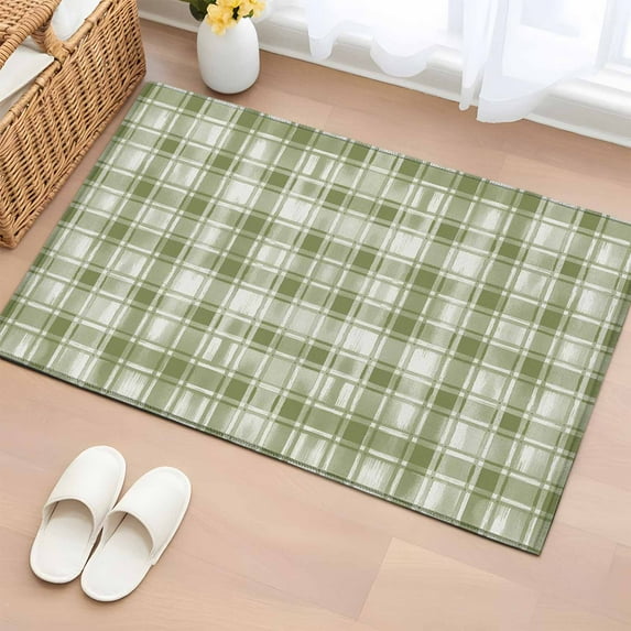 Sage Green Plaid Bathroom Rug Washable 2x3 Entryway Rug Non Slip Modern Art Checkered Farmhouse Front Door Mat Low Pile Indoor Doormat Throw Floor Carpet for Kitchen Bedroom Entrance
