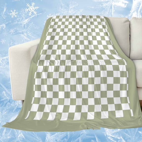 Sage Green Plaid Cooling Blanket for Hot Sleepers,Soft Breathable Cool Summer Blanket for Night Sweats,Farmhouse Green White Checkered Lace Lightweight Ice Silk Sofa Throw Blankets All Season 30"x40"