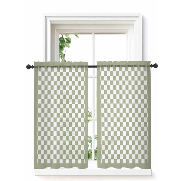 Sage Green Plaid Curtains 54 Inch Length,Sheer Curtains for Bedroom Living Room Window Farmhouse Green White Checkered Lace Rod Pocket Drapes Kitchen Curtains Small Half Window 52"x54" 2 Panels