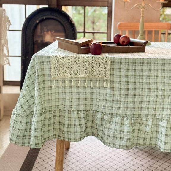 Sage Green Plaid Gingham Ruffled Tablecloth Rectangle 60"x84", Washed Cotton Blended Checkered Table Cover for Dining Room or Kitchen