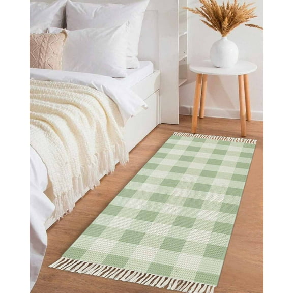 Sage Green Plaid Hallway Runner Rug 2x5ft,Spring Farmhouse Buffalo Checkered Washable Woven Living Room Bedroom Kitchen Bathroom Carpet with Tassels,Indoor Outdoor Throw Door Mat for Entryway