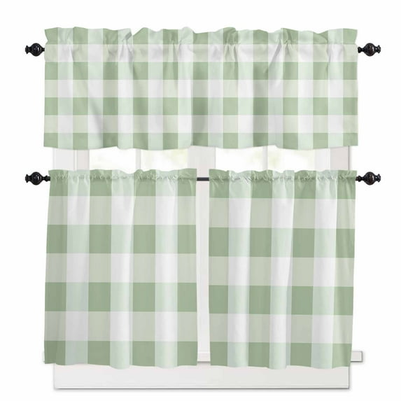 Sage Green Plaid Kitchen Curtain Set, Spring Farmhouse Buffalo Checkered Window Valance and Tiers 36" Length, Light Filtering Short Curtains Valance for Cafe Bathroom Bedroom 54"x18"