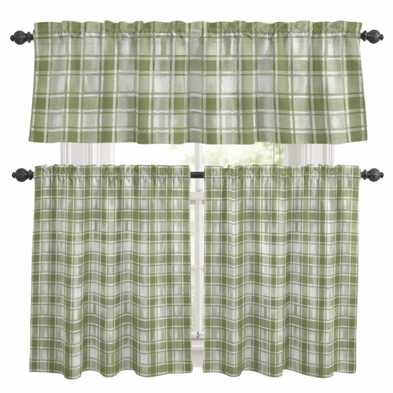 Sage Green Plaid Kitchen Curtains Sets for Windows 24 Inch Length, Modern Art Checkered Farmhouse Rod Pocket Window Treatments Tier Curtains and Valances Set for Bedroom/Bathroom