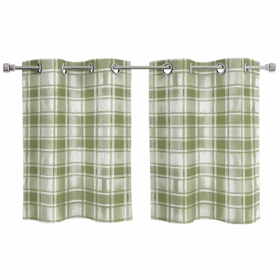 Sage Green Plaid Kitchen Curtains Small Short 39 Inch Length, Modern Art Checkered Farmhouse Grommet Top Bedroom Living Room Curtains, Light Filtering Cafe Curtain Drapes 2 Panels Set 55''x39''