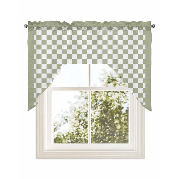 Sage Green Plaid Kitchen Curtains Swag Valance for Windows/Bathroom/Cafe, Farmhouse Green White Checkered Lace Rod Pocket Drape Panel Swag Curtains Valance for Bedroom/Living Room 56"x36"