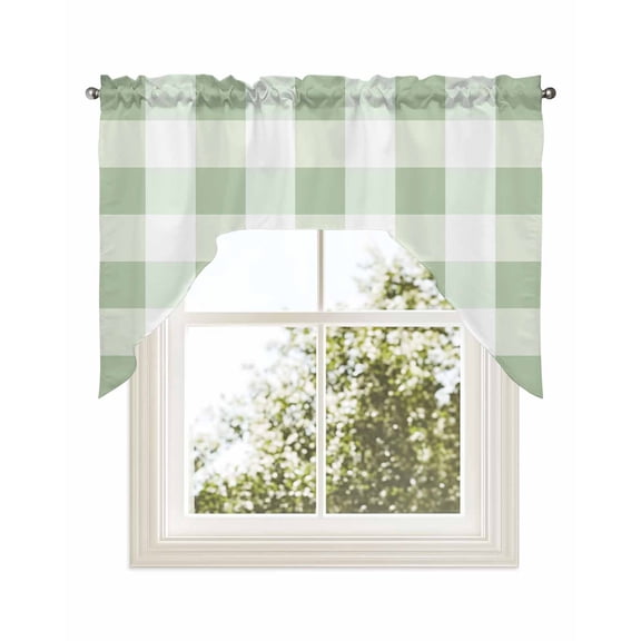 Sage Green Plaid Kitchen Swag Valance for Window,Rod Pocket Short Kitchen Curtains&nbsp;36 Inch Length,Spring Farmhouse Buffalo Checkered Swag Topper Small Window Treatment for Cafe Bathroom Bedroom