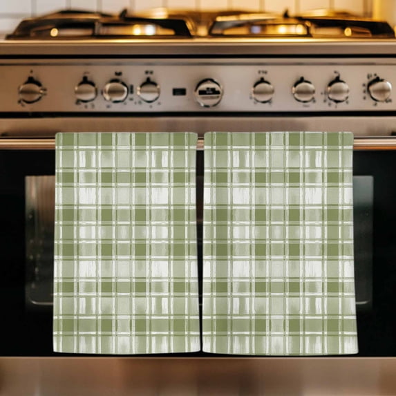 Sage Green Plaid Kitchen Towels Set of 1, Modern Art Checkered Farmhouse Absorbent Dish Towels for Kitchen, Microfiber Hand Towel, Quick Drying Tea Towel for Cleaning Decorative Dishcloths