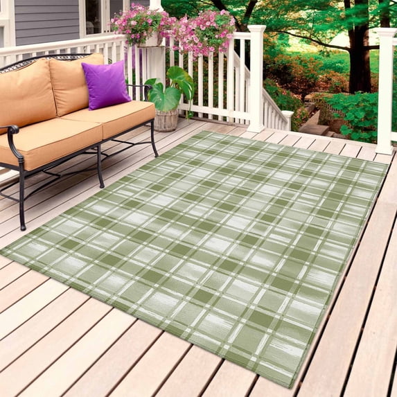 Sage Green Plaid Outdoor Rug 3x5 Ft, Non Slip Washable Area Rug, Modern Art Checkered Farmhouse Patio Rugs Carpet Runner, Large Floor Mat for Indoor/Outdoor Deck Porch Camping