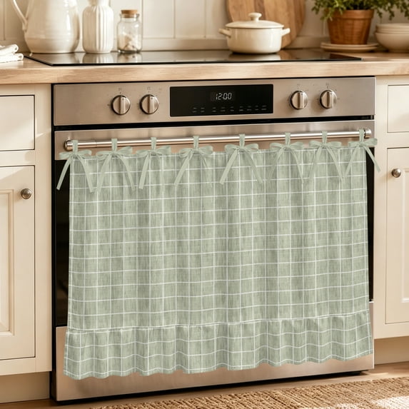 Sage Green Plaid Oven Skirt for Farmhouse Kitchen Décor, Farmhouse Buffalo Checkered Gingham Oven Curtain Tie Top Decorative Stove Skirt, Cabinet Dish Washer Curtains with 8 Ribbon Ties 32"x24"