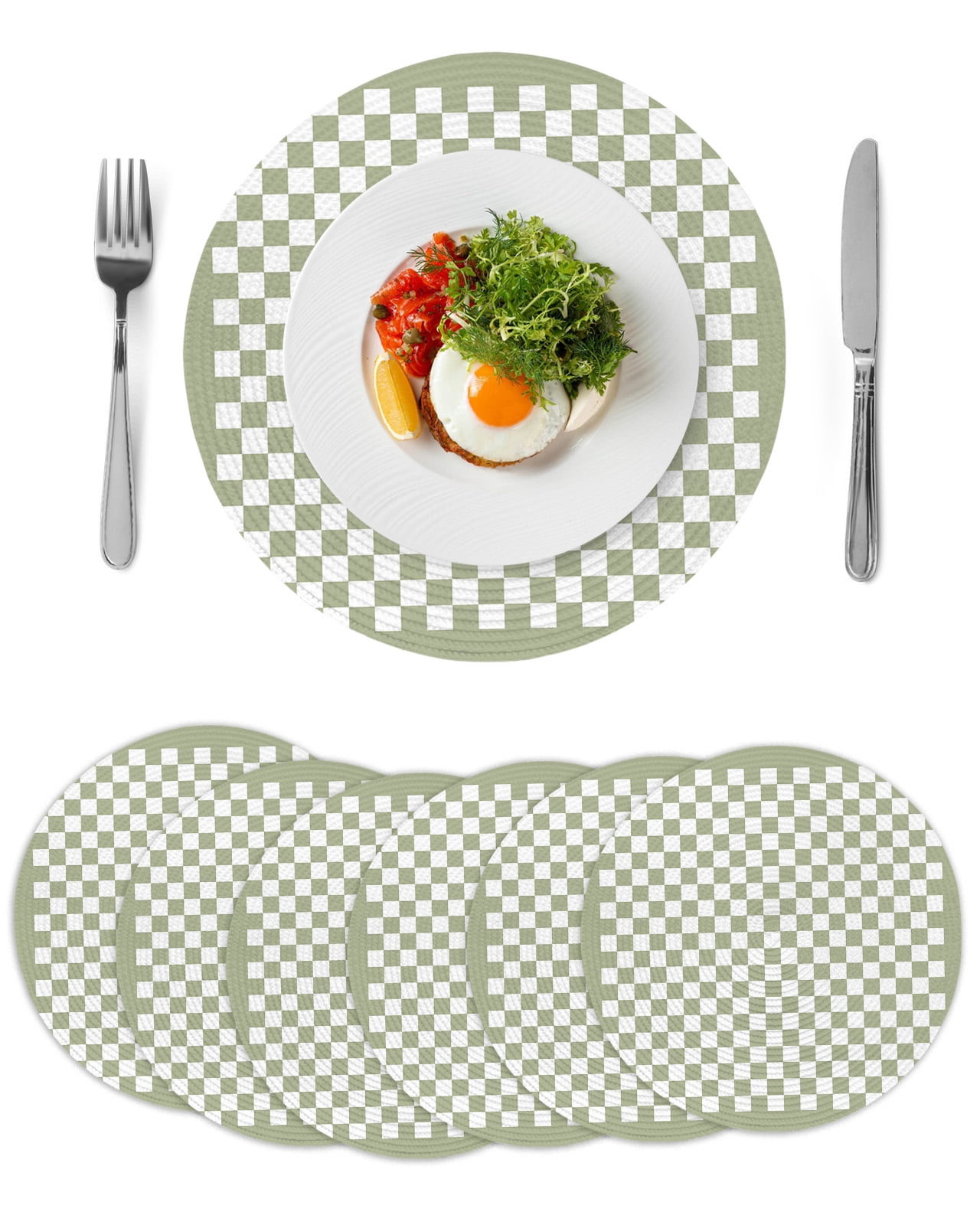 Sage Green Plaid Round 13 Inch Placemats Set of 6, Farmhouse Green ...