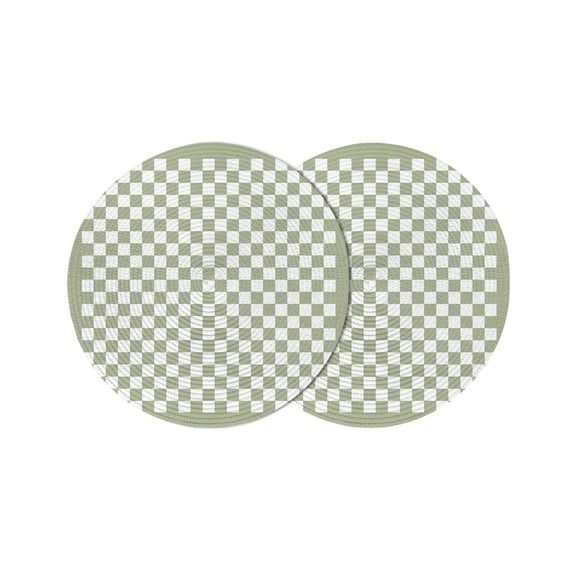 Sage Green Plaid Round 15 Inch Placemats Set of 2, Farmhouse Green White Checkered Lace HeatResistant Non Slip Place Mats for Dining Table, Wipeable Braided Kitchen Table Mats for Housewarming
