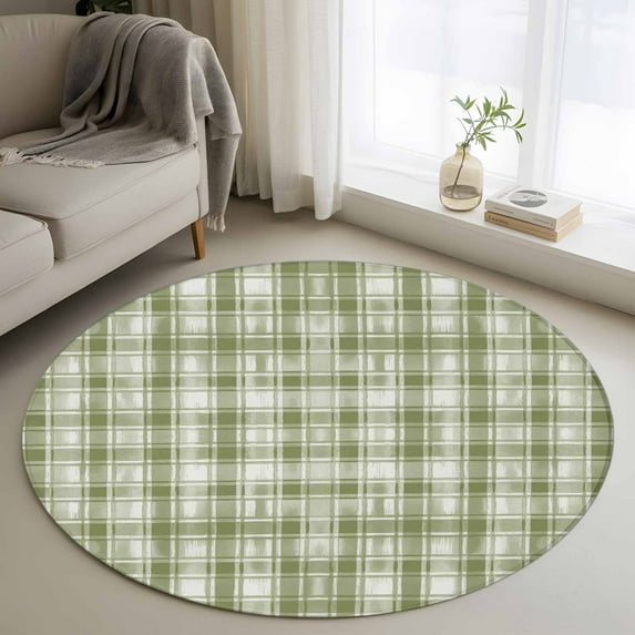 Sage Green Plaid Round Rug 3ft Washable Circle Entryway Rugs Non Slip Modern Art Checkered Farmhouse Area Rug Indoor Floor Carpet for Bedroom Kitchen Living Room Home Office Dining Room Nursery