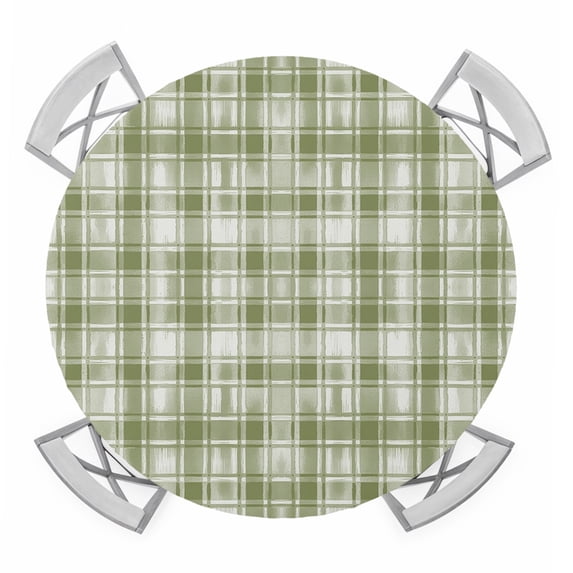 Sage Green Plaid Round Tablecloth for 55-60 Inch Tables, Fitted Table Cover with Elastic Edge, Modern Art Checkered Farmhouse Waterproof Outdoor Table Cloth Protector for Patio Garden Dinner Picnic