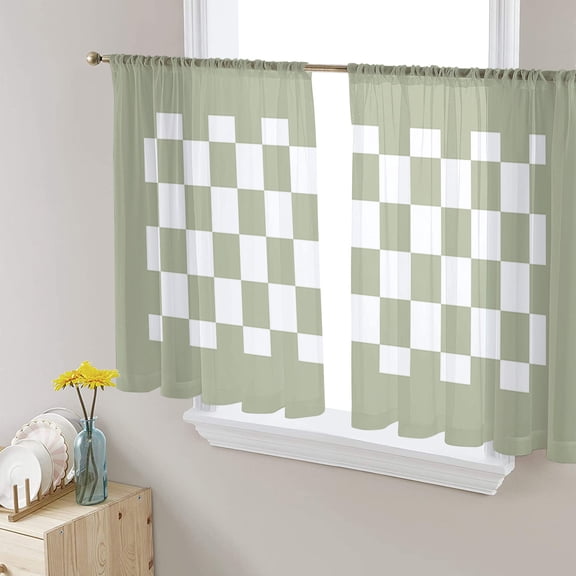 Sage Green Plaid Semi Sheer Curtains 45 Inch Length 2 Panels Set, Farmhouse Green White Checkered Lace Sheer Kitchen Curtain Privacy Voile Window Curtain for Living Room Bedroom Rod Pocket Drapes