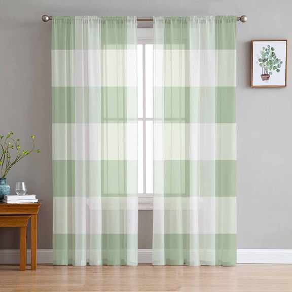 Sage Green Plaid Semi Sheer Curtains 96 Inch Length 2 Panels Set, Spring Farmhouse Buffalo Checkered Sheer Kitchen Curtain Privacy Voile Window Curtain for Living Room Bedroom Rod Pocket Drapes