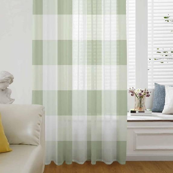 Sage Green Plaid Semi Sheer Curtains Drapes for Living Room, Bedroom, French Doors Window 84 Inches Long, Spring Farmhouse Buffalo Checkered Rod Pocket Chiffon Curtain Drapery Voile Draperies Panel