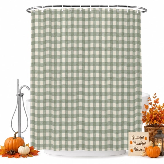 Sage Green Plaid Shower Curtain, Waterproof Shower Curtains for Bathroom, Gingham Checked Minimalist Modern Washable Fabric Bathtub Curtain Set Bath Decor with 12 Hooks 48"x72"