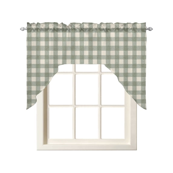 Sage Green Plaid Swag Curtains for Kitchen Gingham Checked Minimalist Modern Valances for Windows Rod Pocket Small Window Treatment Short Topper for Cafe Bedroom Bathroom Living Room Decor 56x36 Inch