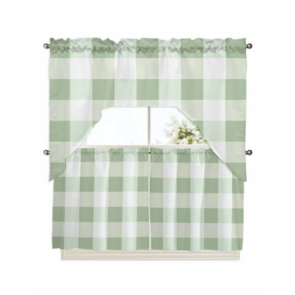 Sage Green Plaid Swag Valance and Tier Curtains 24'' Length Set, Spring Farmhouse Buffalo Checkered Light Filtering Kitchen Curtains, Tier Curtain Valances for Bathroom/Living Room/Bedroom/Café