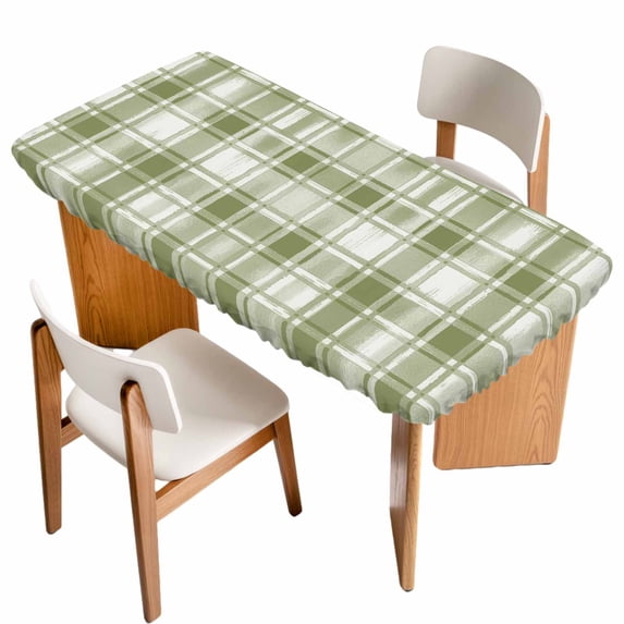 Sage Green Plaid Table Cloths for 4 Foot Rectangle Tables, Modern Art Checkered Farmhouse Patio Waterproof Elastic Fitted Tablecloths, Washable Rectangular Table Cover for Camping