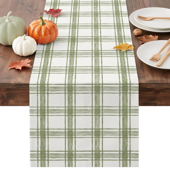 Sage Green Plaid Table Runner - 120 Inch Long Gingham Check Minimalist Grid Farmhouse Cotton and Linen Blended Dress Scarves Farmhouse Table Runner for Kitchen Dining, Coffee Table, 13" x 120"