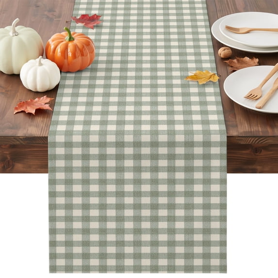 Sage Green Plaid Table Runner - 60 Inch Long Gingham Checked Minimalist Modern Cotton and Linen Blended Dress Scarves Farmhouse Table Runner for Kitchen Dining, Coffee Table, 13" x 60"