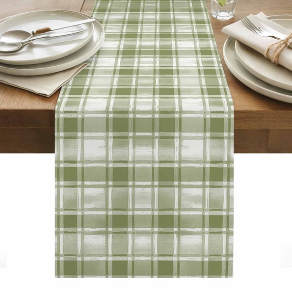 Sage Green Plaid Table Runner - 60 Inch Long, Kitchen Dining Table Runner Dresser Scarves, Modern Art Checkered Farmhouse Farmhouse Decor for Coffee Tables Wedding Party Banquet