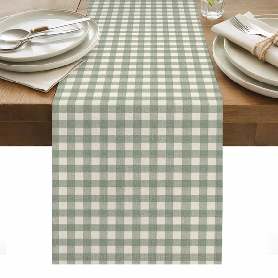 Sage Green Plaid Table Runner Gingham Checked Minimalist Modern Tablerunners 13 x 70 Inch, Table Decorations Tabletop Scarf for Summer Gathering Holiday Farmhouse Kitchen Dining Decor