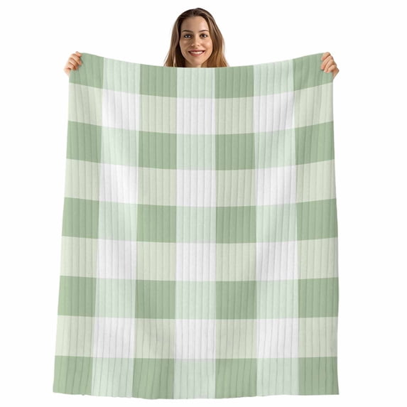 Sage Green Plaid Throw Blanket, Flannel Fleece Blanket with Striped Design for Couch, Spring Farmhouse Buffalo Checkered Soft Breathable All Season Plush Blankets for Sofa Office Bed 50"x60"