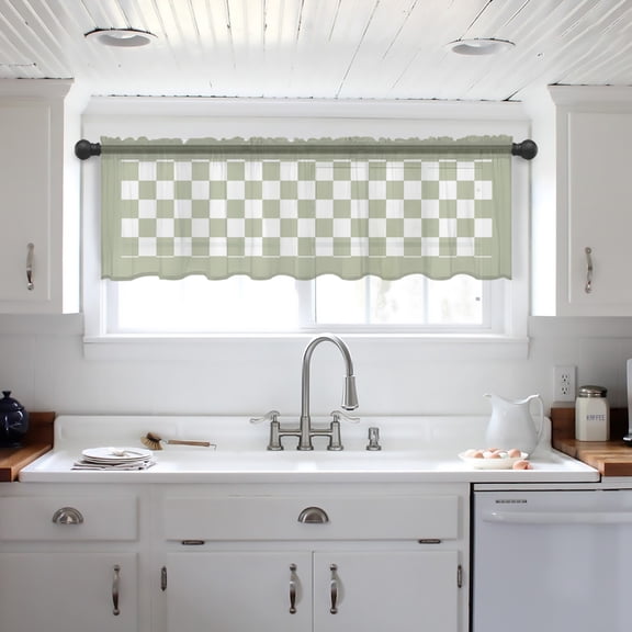 Sage Green Plaid Valance Curtains for Kitchen/Living Room/Bathroom/Bedroom Window, Farmhouse Green White Checkered Lace Rod Pocket Small Topper Half Short Window Curtains Voile Sheer Scarf 54"x18"