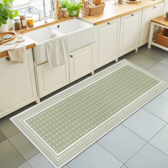 Sage Green Plaid Washable Runner Rugs 2'x6', Country Rustic Farmhouse Geometric Lines Grids Checkered Washable Runner Rug Non-Slip Sturdy Edge Binding Carpet for Bedside Hallway Runner Kitchen Galley