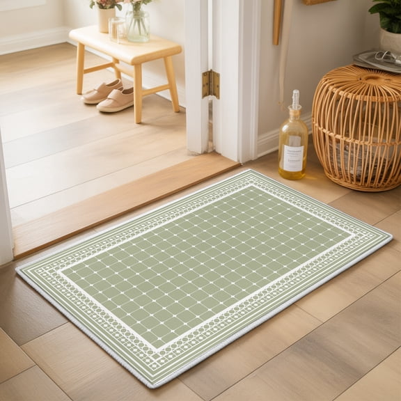 Sage Green Plaid Washable Small Entryway Area Rugs 2'x3', Country Rustic Farmhouse Geometric Lines Grids Checkered Washable Throw Rug Non-Slip Edge Binding Carpet for Front Door Floor Room Entry