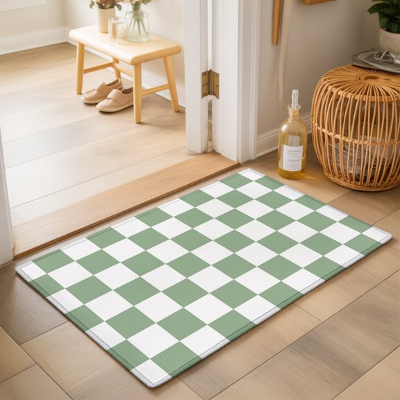 Sage Green Plaid Washable Small Entryway Area Rugs 2'x3', Modern Checkerboard Plaid Repeating Pattern Washable Throw Rug Non-Slip Sturdy Edge Binding Carpet for Front Door Floor Room Entry