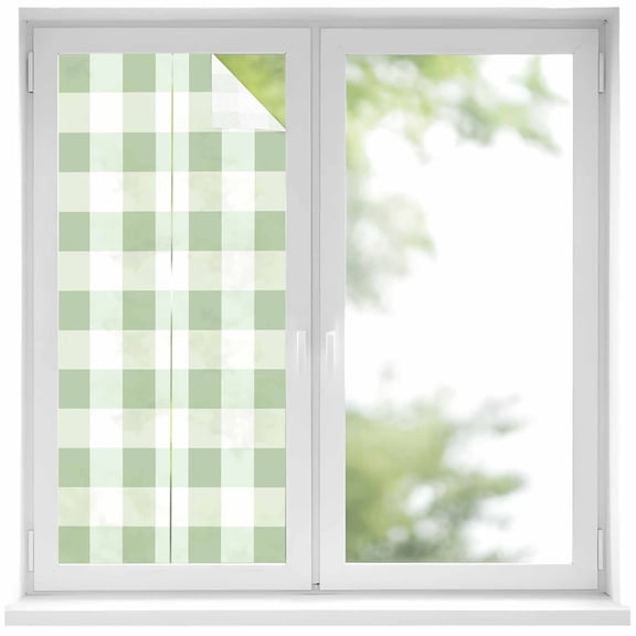 Sage Green Plaid Window Privacy Film, Spring Farmhouse Buffalo Checkered Static Cling UV Sun Blocking Heat Control Window Tint Day and Night, Non-Adhesive One Way Windows Privacy Cover 17.7''x39.3''