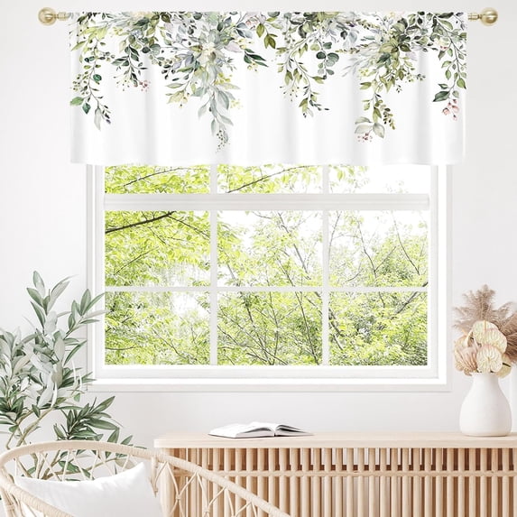 Sage Green Plant Kitchen Curtains Valances, Eucalyptus Leaves Pattern Semi Sheer Kitchen Valances for Living Room, Watercolor Botanical Rod Pocket Short Window Treatment Decor, 52x18