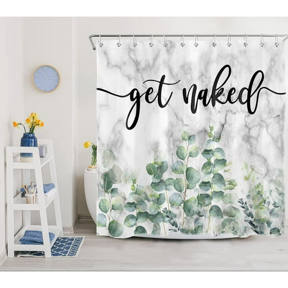 Sage Green Plant Shower Curtain for Bathroom, Eucalyptus Leaves on Modern Grey Abstract Marble Shower Curtain with Hooks, Funny Get Naked Bathroom Shower Curtain Set, 72X84 inch