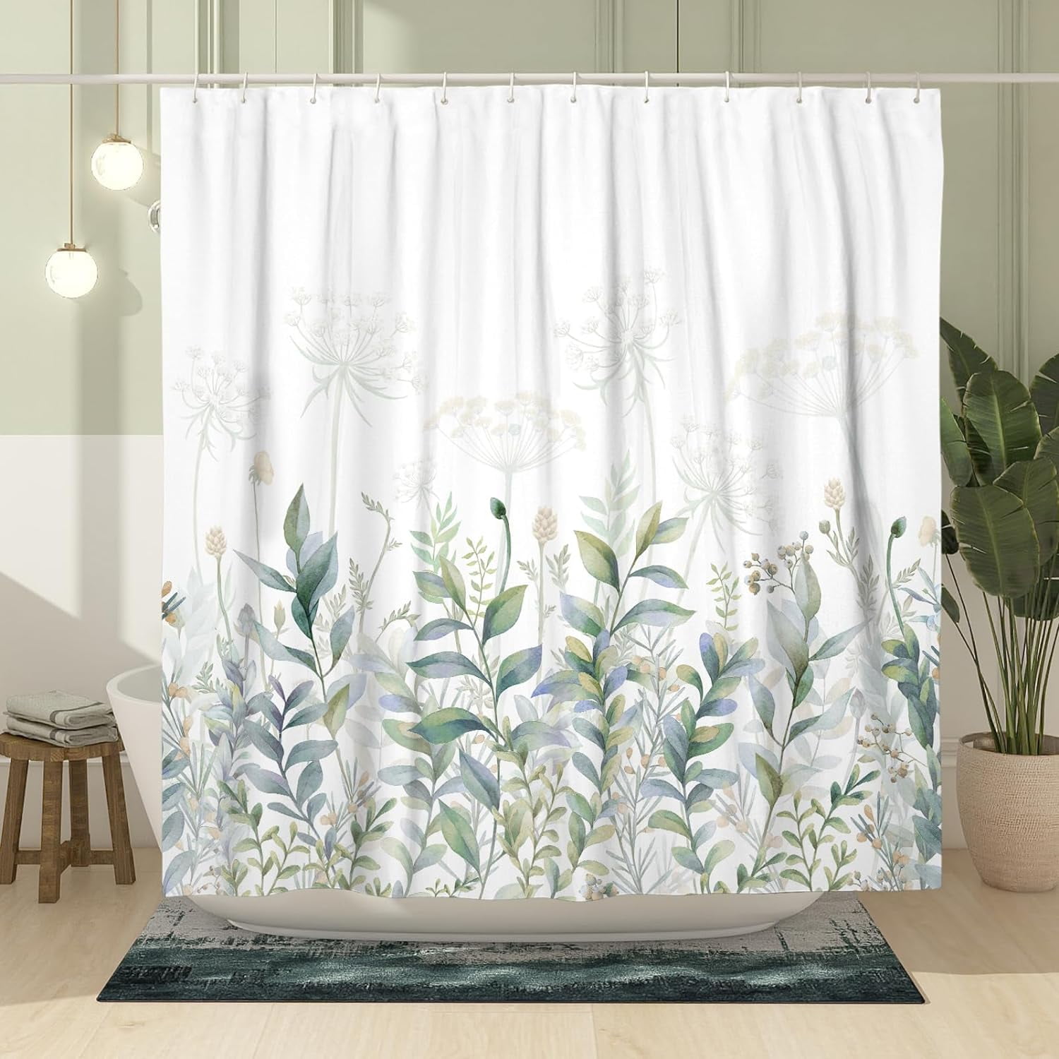 Sage Green Plant Shower Curtain Set, Upward Growing Botanical Leaf ...